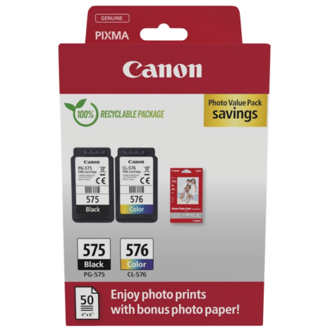 Canon oryginalny tusz PG575 + CL576 + papier GP501 50ark. 10x15cm 5438C004 Pixma TS3551i TR4750i TR4751i 2-pak 5.6/6.2ml