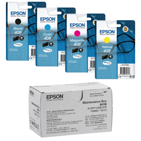 Epson oryginalny tusz 408 T09J + oryginalny pojemnik na zużyty tusz C13T671500 4-pak