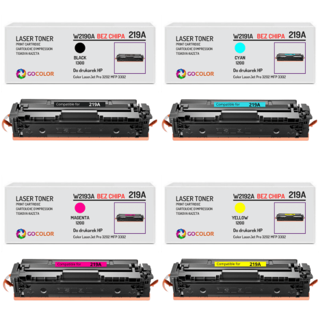 4 X TONER do HP 219A W2190A W2191A W2192A W2193A Color LaserJet Pro MFP 3302 PRO 3202 BEZ CHIPA