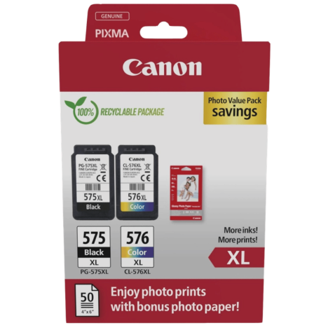 Canon oryginalny tusz PG575XL + CL576XL + papier GP501 50ark. 10x15cm 5437C006 Pixma TS3551i TR4750i TR4751i 2-pak 15.0/12.6ml