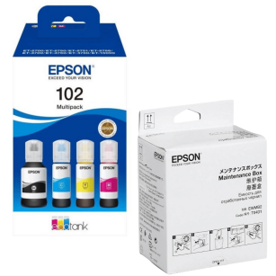 Epson oryginalny tusz 102 T03R6 C13T03R640 + oryginalny pojemnik na zużyty tusz C13T04D100 4-pak