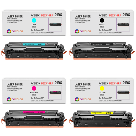 4X Toner do HP 219X W2190X W2191X W2192X W2193X Color LaserJet Pro MFP 3302 PRO 3202 BEZ CHIPA
