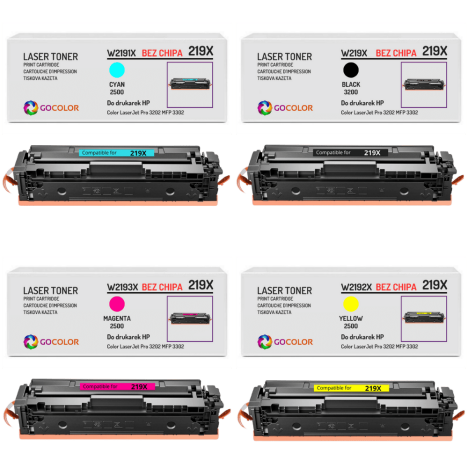 4 X TONER do HP 219X W2190X W2191X W2192X W2193X Color LaserJet Pro MFP 3302 PRO 3202 BEZ CHIPA