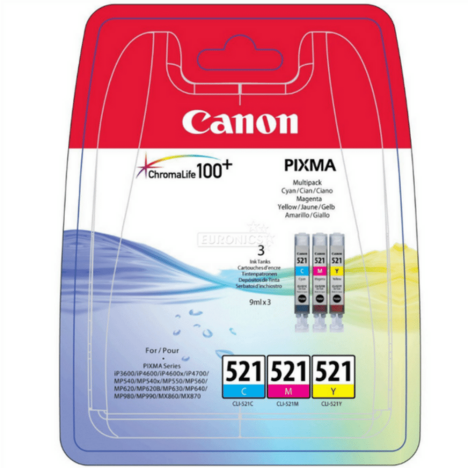 Canon oryginalny tusz CLI521CMY 2934B016 2934B015 2934B010 2934B007 cyan / magenta / yellow 3-pak