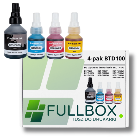 FULLBOX 4-pak TUSZ do BROTHER BTD100BK BTD100C BTD100M BTD100Y