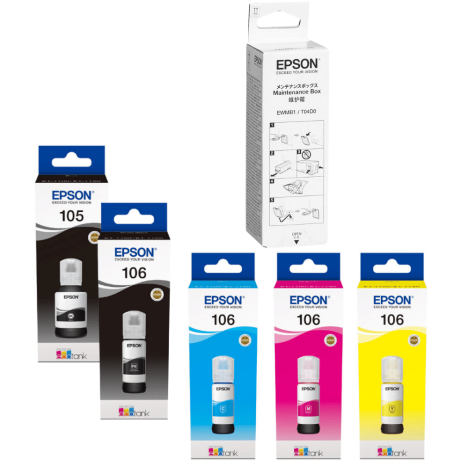 Epson oryginalny tusz 105 106 T00Q T00R + oryginalny pojemnik na zużyty tusz C13T04D000 5-pak