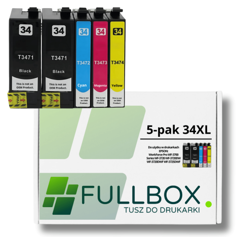 FULLBOX 5-pak TUSZ do EPSON 34XL T3471 T3472 T3473 T3474 WorkForce Pro WF3725 WF3720