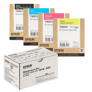 Epson oryginalny tusz T40D1 T40D2 T40D3 T40D4 + oryginalny pojemnik na zużyty tusz C13S210057 4-pak