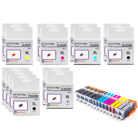 14 X TUSZ do CANON PGI550XL CLI551XL black pigment / black / cyan / magenta / yellow / grey zamiennik