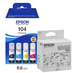 Epson oryginalny tusz 104 T00P6 C13T00P640 4-pak + oryginalny pojemnik na zużyty tusz C12C934461