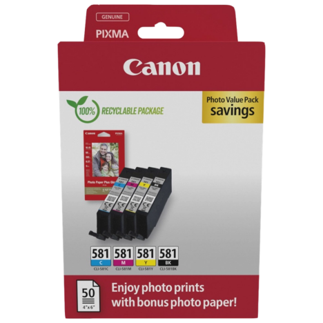 EOL Canon oryginalny tusz CLI581 + papier PP201 50ark. 10x15cm 2106C006 CMYK 4x5,6ml 4-pak 