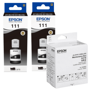 2-pak Epson oryginalny tusz 111 T03M1 C13T03M140 + oryginalny pojemnik na zużyty tusz C13T04D100