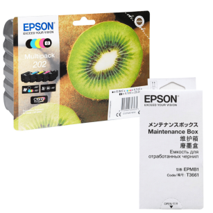 Epson oryginalny tusz 202 C13T02E74010 + oryginalny pojemnik na zużyty tusz C13T366100 5-pak