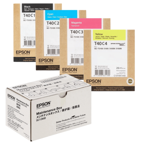 Epson oryginalny tusz T40C1 T40C2 T40C3 T40C4 + oryginalny pojemnik na zużyty tusz C13S210057 4-pak