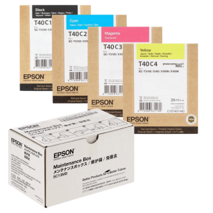 Epson oryginalny tusz T40C1 T40C2 T40C3 T40C4 + oryginalny pojemnik na zużyty tusz C13S210057 4-pak