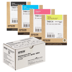 Epson oryginalny tusz T40C1 T40C2 T40C3 T40C4 + oryginalny pojemnik na zużyty tusz C13S210057 4-pak