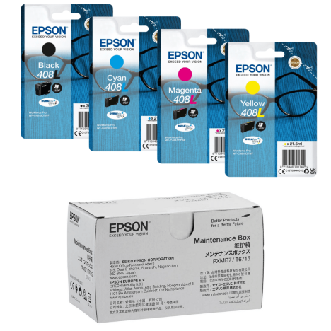 Epson oryginalny tusz 408L T09K + oryginalny pojemnik na zużyty tusz C13T671500 4-pak