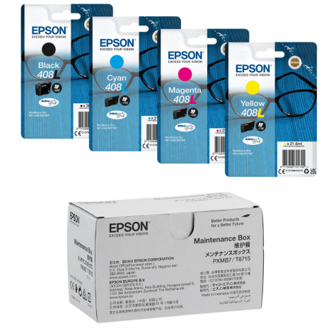 Epson oryginalny tusz 408L T09K + oryginalny pojemnik na zużyty tusz C13T671500 4-pak