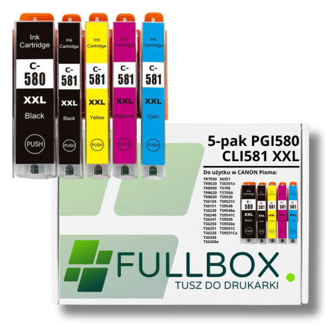 FULLBOX 5-pak TUSZ do CANON PGI580XXLPGBK CLI581XXLBK CLI581XXLC CLI581XXLM CLI581XXLY