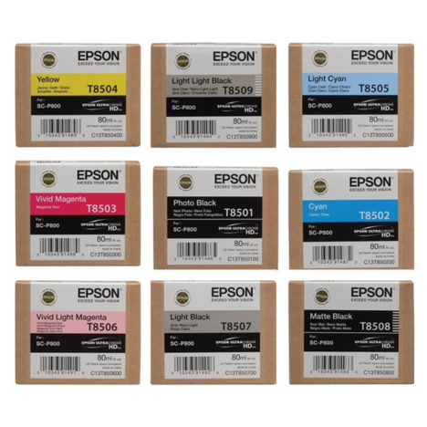 9-Pak Epson oryginalny tusz T8501 T8502 T8503 T8504 T8505 T8506 T8507 T8508 T8509 SureColor SCP800 9x 80ml
