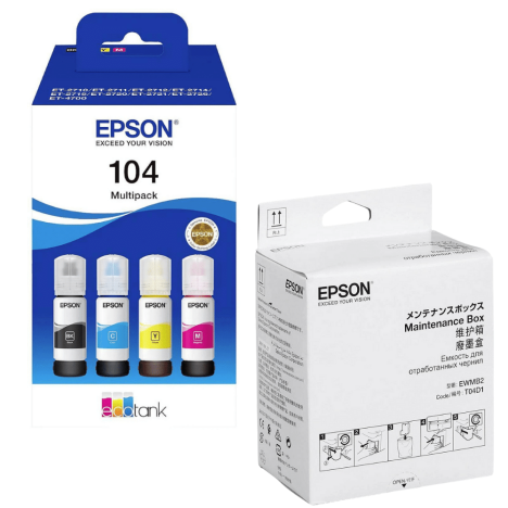 Epson oryginalny tusz 104 T00P6 C13T00P640 EcoTank ET2710 ET2810 + oryginalny pojemnik na zużyty tusz C13T04D100 4-pak