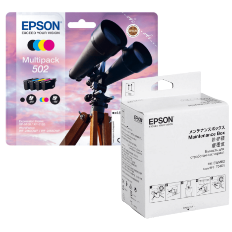 Epson oryginalny tusz 502 T02V6 C13T02V64010 + oryginalny pojemnik na zużyty tusz C13T04D100 4-pak