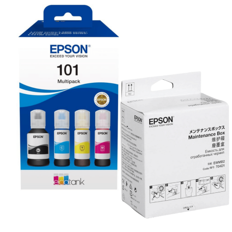 Epson oryginalny tusz 101 T03V6 C13T03V64A + oryginalny pojemnik na zużyty tusz C13T04D100 4-pak 